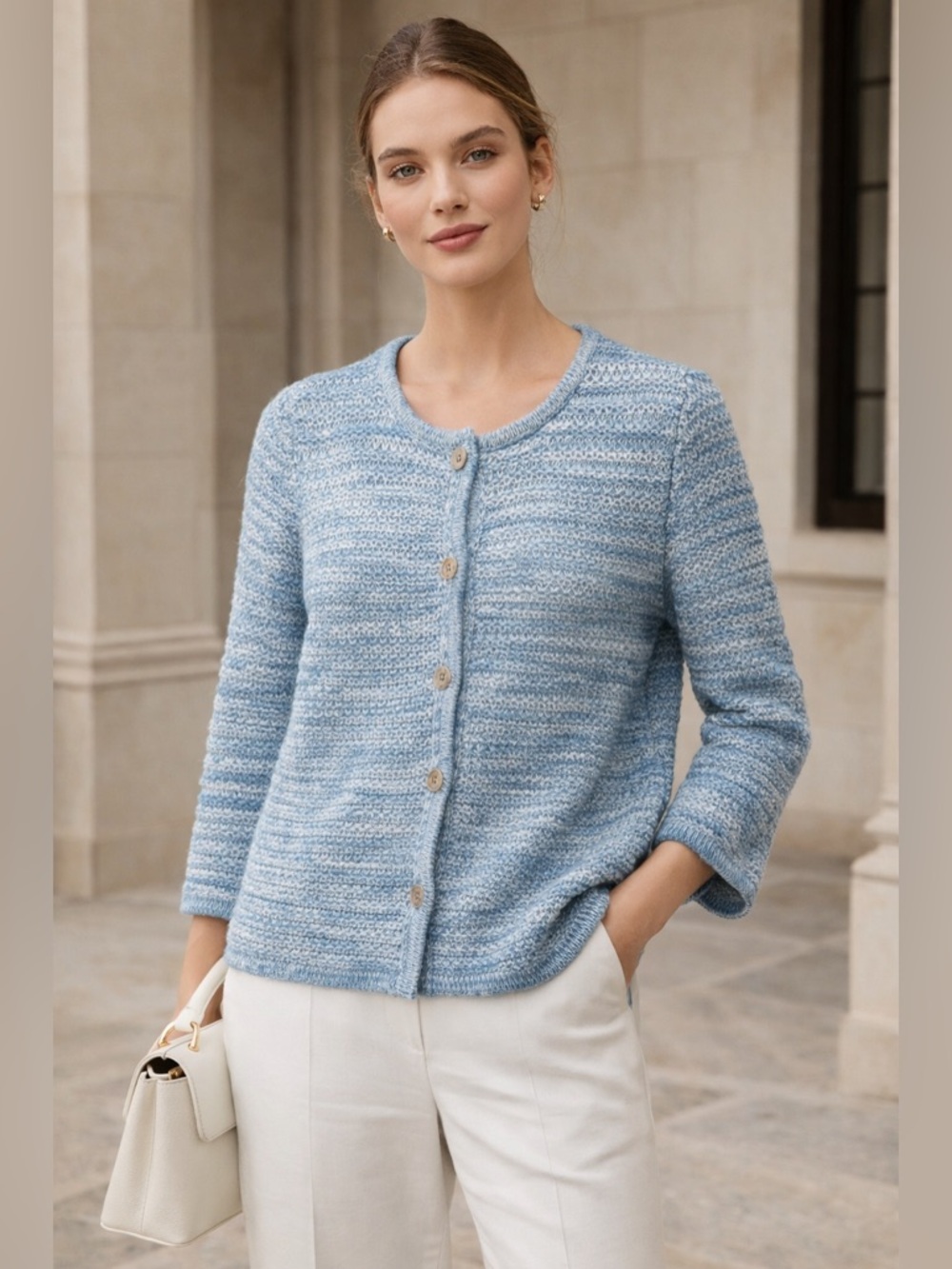 J. Jill Blue Marled Knit Cardigan Sweater Button Front Crewneck Coastal Medium